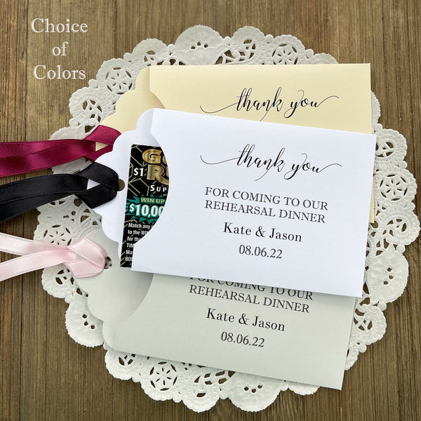 Wedding rehearsal dinner favors to thank your guests for coming.  Favors are personalized for the bride and groom, slide a lotto ticket in to see which guest wins.