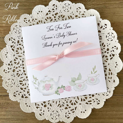 Tea Party Baby Shower Favors add your favorite tea bags to these envelopes for a sweet baby shower favor.  Tea for two, perfect for a twin baby shower.  Adonred with tea pot and cups in pink and white. 