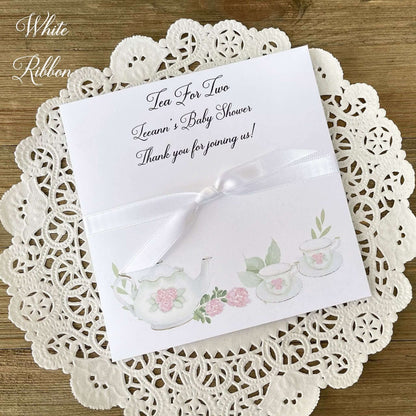 Tea Party Baby Shower Favors add your favorite tea bags to these envelopes for a sweet baby shower favor.  Tea for two, perfect for a twin baby shower.  Adonred with tea pot and cups in pink and white. 