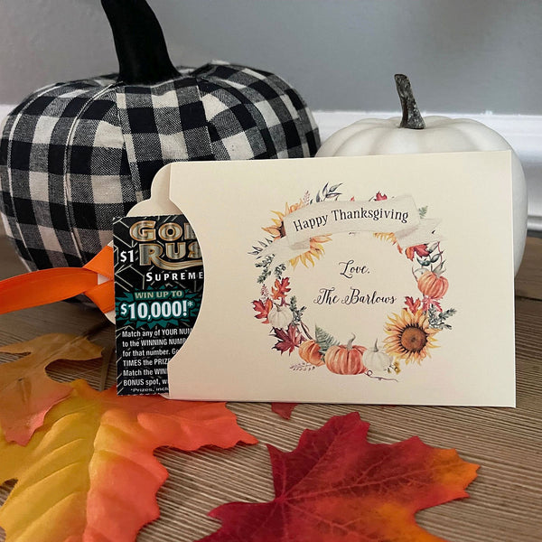 Thanksgiving Favors personalized for you, printed on ivory card stock with ribbon which comes attached.  Fun favors for your Thanksgiving table, slide a lotto ticket in each one to see who wins.  