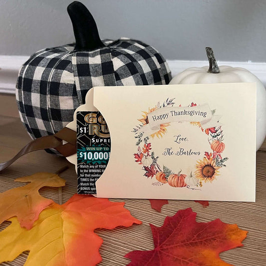 Lotto Ticket Thanksgiving Favors personalized for you, printed on ivory card stock with ribbon which comes attached.  Fun favors for your Thanksgiving table, slide a lotto ticket in each one to see who wins.  