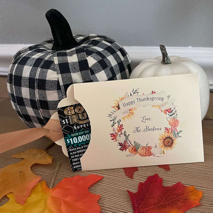 Lotto Ticket Thanksgiving Favors personalized for you, printed on ivory card stock with ribbon which comes attached.  Fun favors for your Thanksgiving table, slide a lotto ticket in each one to see who wins.  