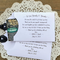 Unique Wedding Favors to thank your guests for their love and support.  Lottery favors, slide a lotto ticket in to see who wins.  Personalized for the bride and groom, choice of envelope and ribbon color.