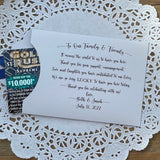 Unique Wedding Favors to thank your guests for their love and support.  Lottery favors, slide a lotto ticket in to see who wins.  Personalized for the bride and groom, choice of envelope and ribbon color.