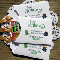 Personalized St. Patrick's Day party favors, 'Happy St. Patrick's Day, wishing you the LUCK of the Irish'.  Printed on white card stock, adorned with a green hat, pot of gold and gold ribbon attached.  Slide a lottery ticket in the open end and see who has the LUCK of the Irish.