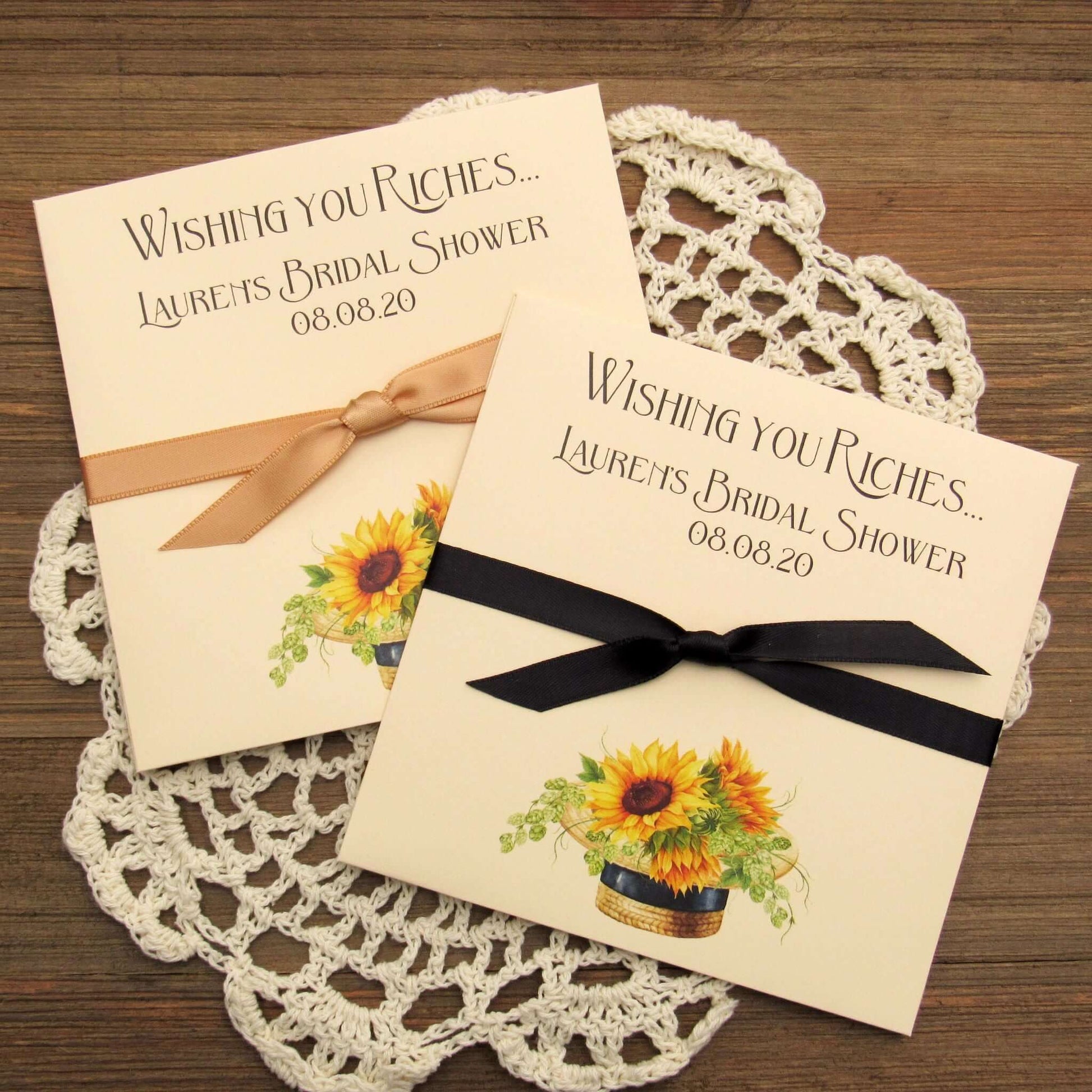 Personalized Sunflower Bridal Shower Favors, printed on ivory card stock with ribbon tied around the center.  These personalized lotto ticket favors will be a fun and easy favor.  