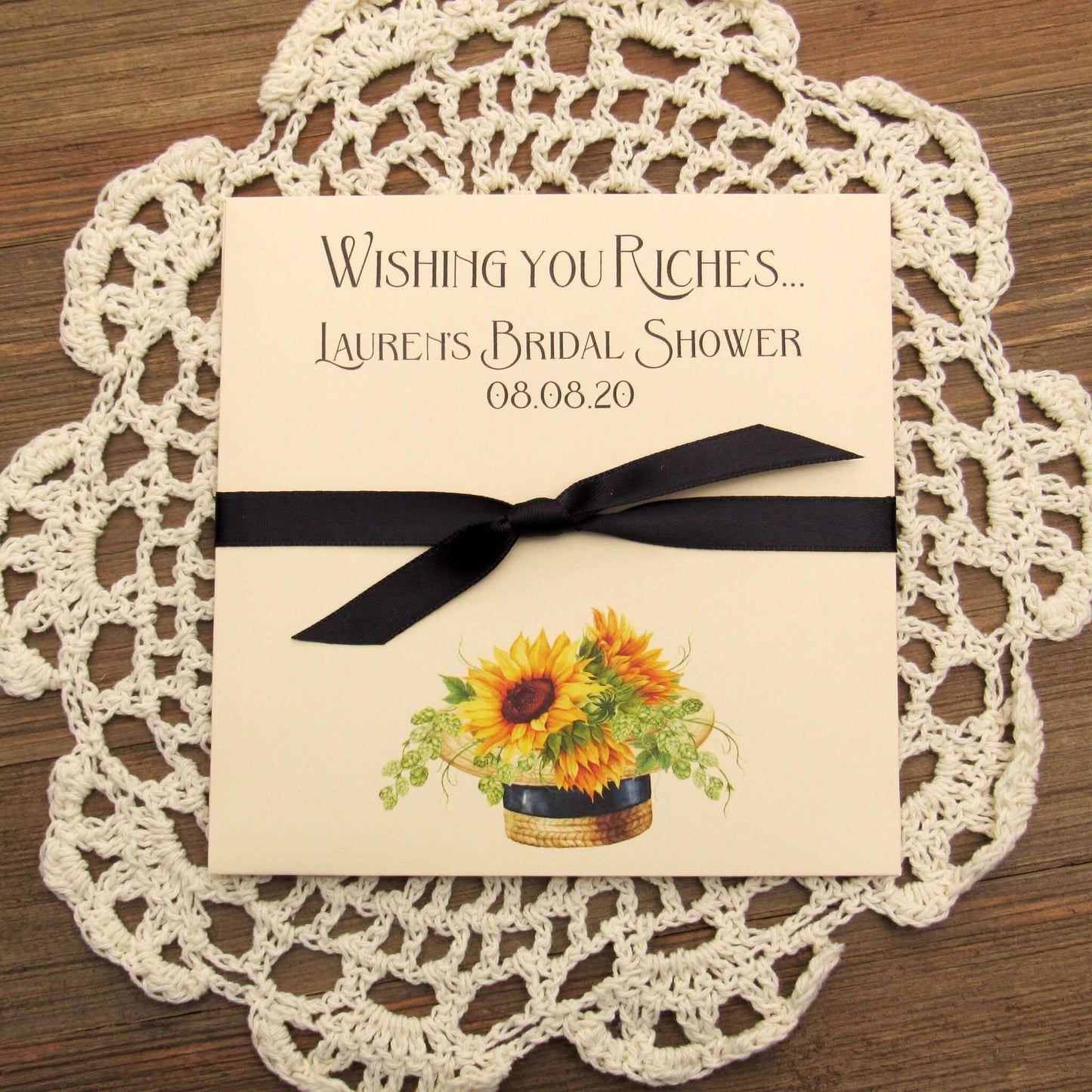 Personalized Sunflower Bridal Shower Favors, printed on ivory card stock with ribbon tied around the center.  These personalized lotto ticket favors will be a fun and easy favor.  