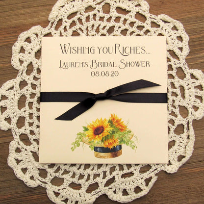 Personalized Sunflower Bridal Shower Favors, printed on ivory card stock with ribbon tied around the center.  These personalized lotto ticket favors will be a fun and easy favor.  