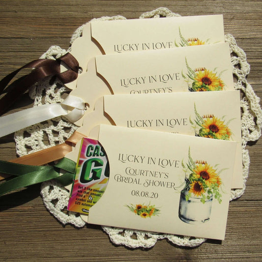 Sunflower Bridal Shower Favors personalized for the guest of honor.    Lotto ticket envelopes for bridal shower favors adorned with sunflowers.  