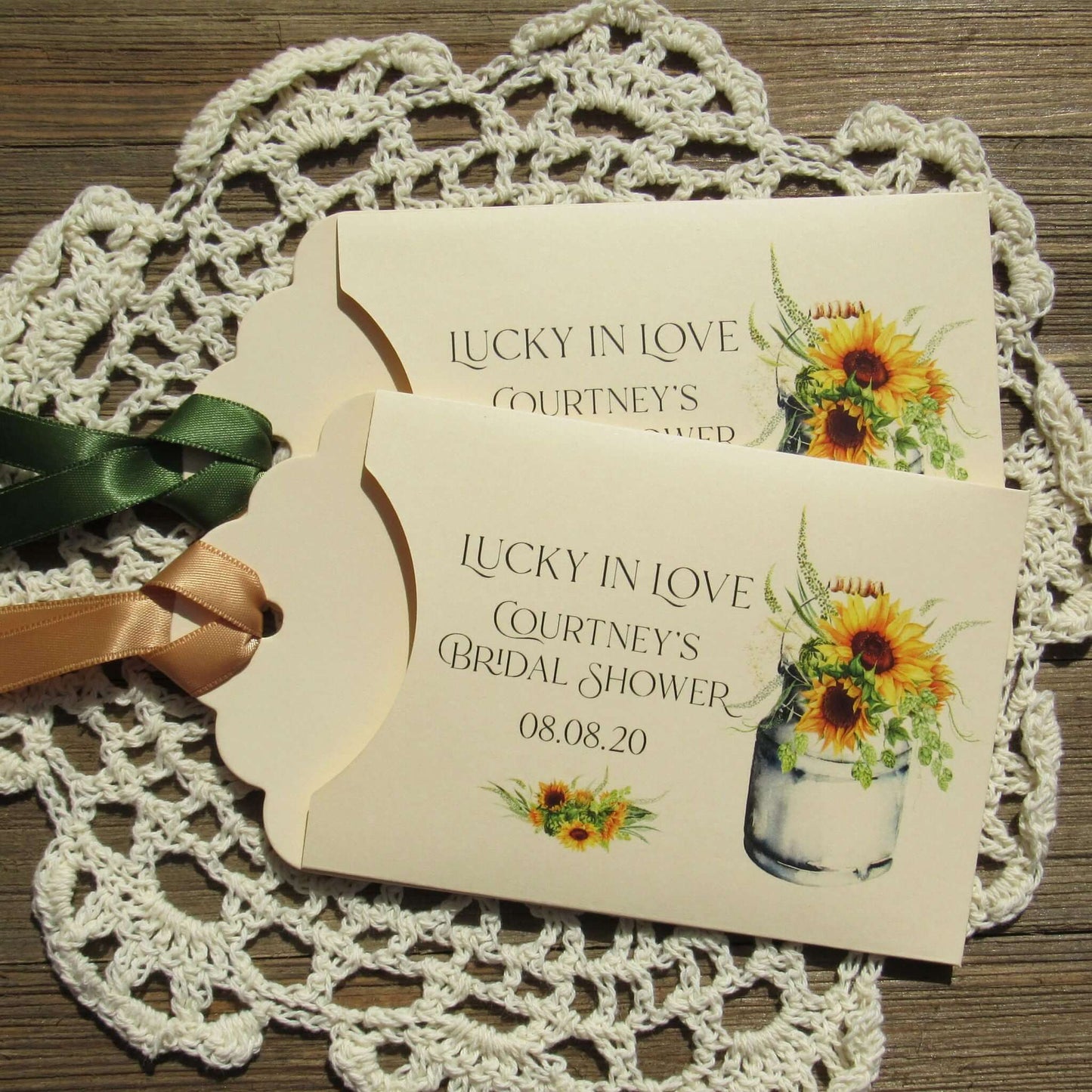 Sunflower Bridal Shower Favors personalized for the guest of honor.    Lotto ticket envelopes for bridal shower favors adorned with sunflowers.  