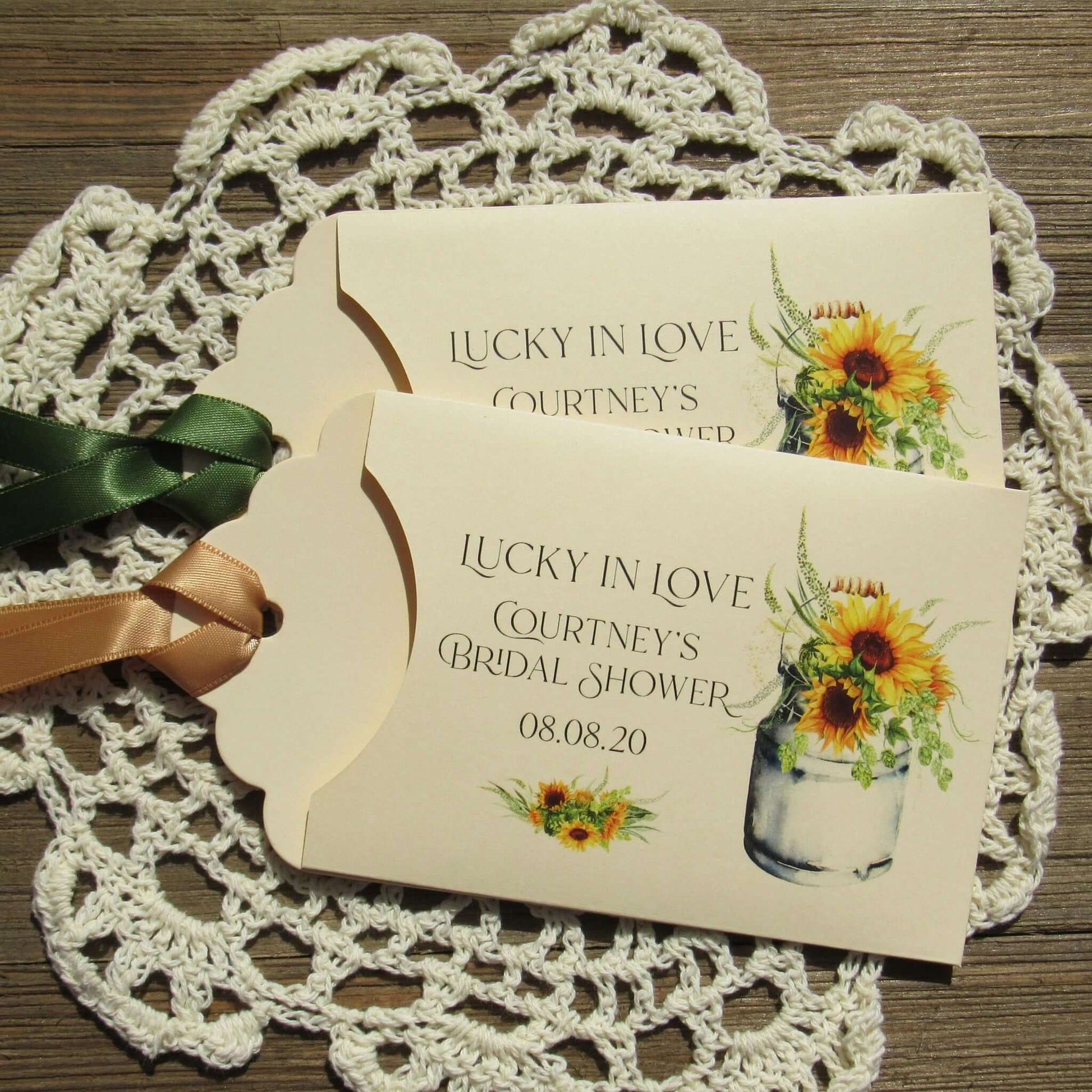 Sunflower Bridal Shower Favors personalized for the guest of honor.    Lotto ticket envelopes for bridal shower favors adorned with sunflowers.  