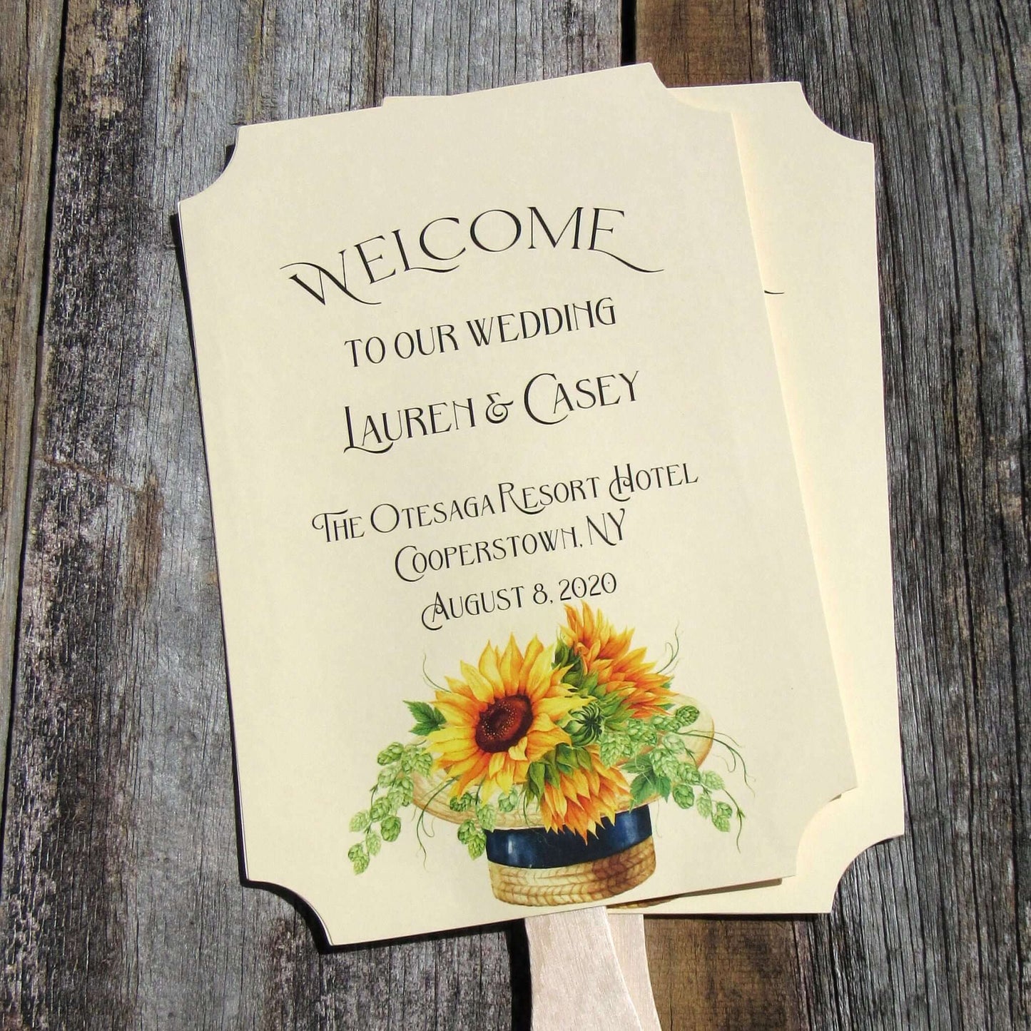 Sunflower Wedding Favor Fans are personalized for the bride and groom including place and date.  Printed on ivory card stock fans are two sided with handle hidden between, they ship to you fully assembled.