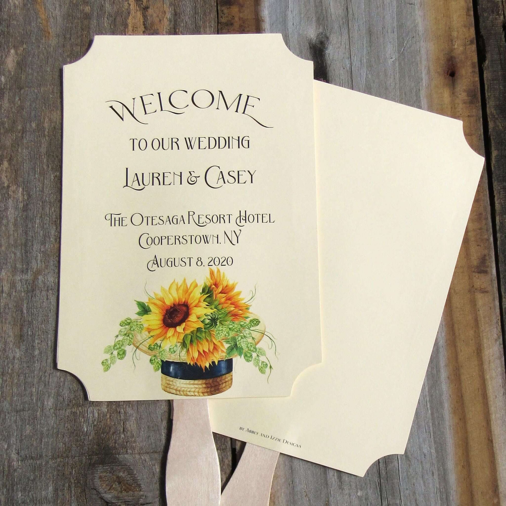 Sunflower Wedding Favor Fans are personalized for the bride and groom including place and date.  Printed on ivory card stock fans are two sided with handle hidden between, they ship to you fully assembled.