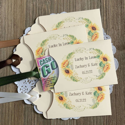 Sunflower Wedding Favors Lotto Ticket Holders, personalized for the bride and groom.  Envelopes are ivory with your choice of ribbon color, adorned with a beautiful sunflower frame.  