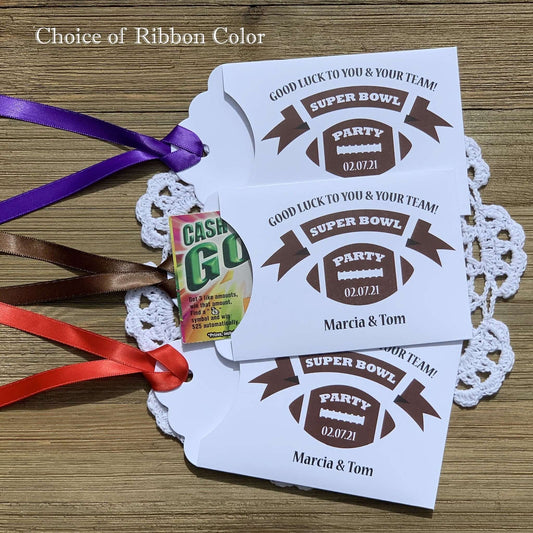 Super Bowl Party Favors - Football Party Favors, printed on white card stock with your choice of ribbon color.  Personalized for you, adorned with a football and the party date.  Slide a scratch off lottery ticket in the open end, a fun party favor.