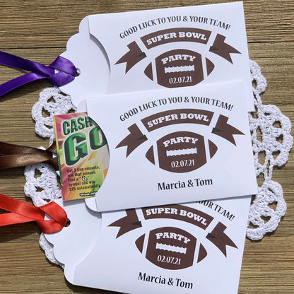 Super Bowl Party Favors - Football Party Favors, printed on white card stock with your choice of ribbon color.  Personalized for you, adorned with a football and the party date.  Slide a scratch off lottery ticket in the open end, a fun party favor.