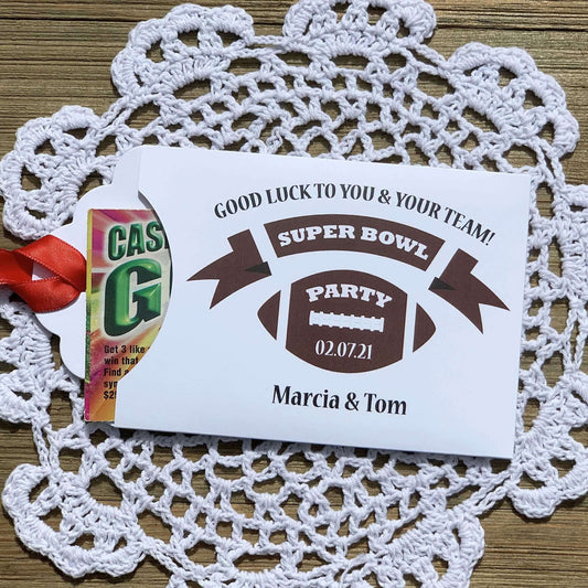 Super Bowl Party Favors - Football Party Favors, printed on white card stock with your choice of ribbon color.  Personalized for you, adorned with a football and the party date.  Slide a scratch off lottery ticket in the open end, a fun party favor.