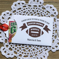 Super Bowl Party Favors, printed on white card stock with your choice of ribbon color.  Personalized for you, adorned with a football and the party date.  Slide a scratch off lottery ticket in the open end, a fun party favor.