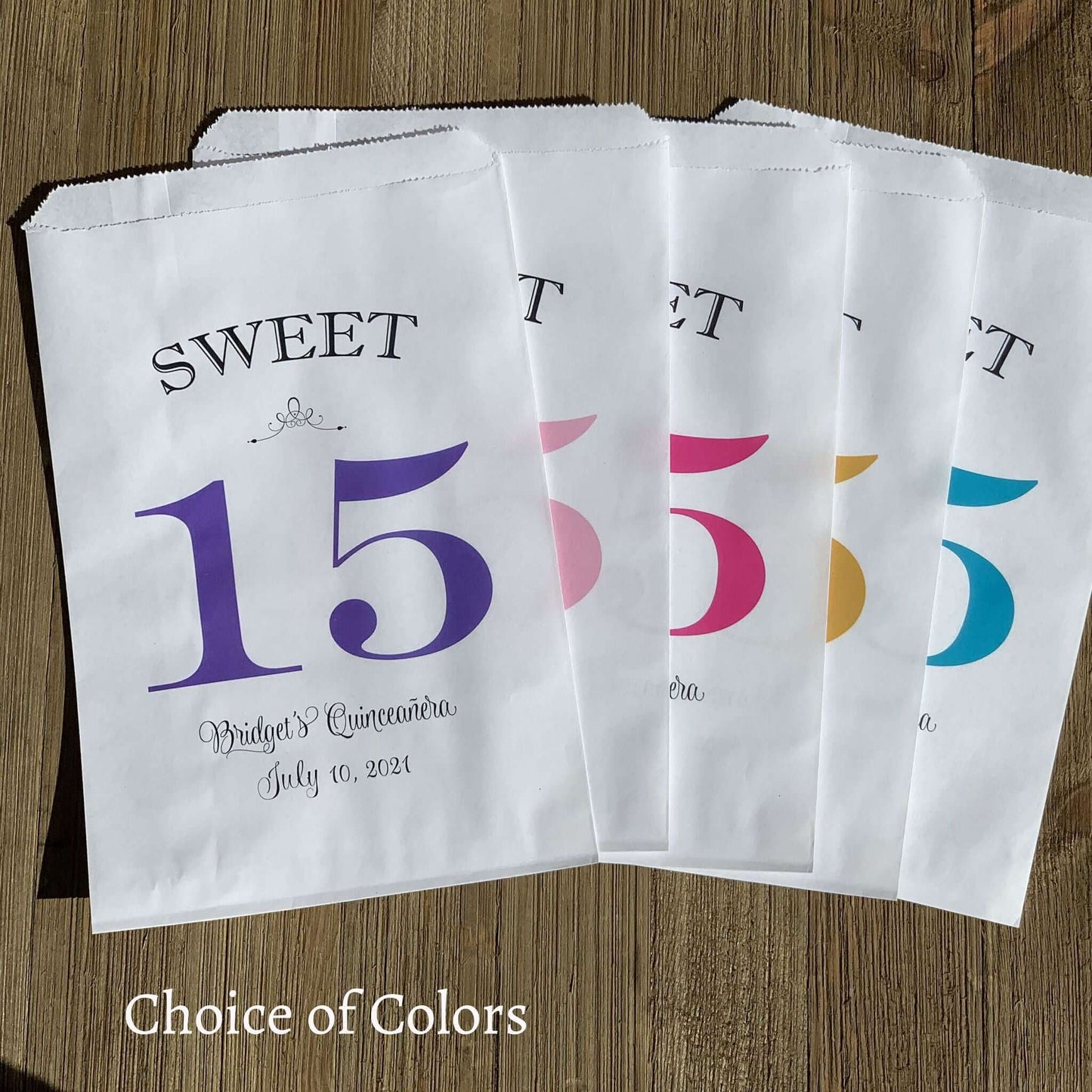  Quinceanera Favor Bags Personalized for the Guest of Honor Printed with a large sweet 15, your choice of 5 color.