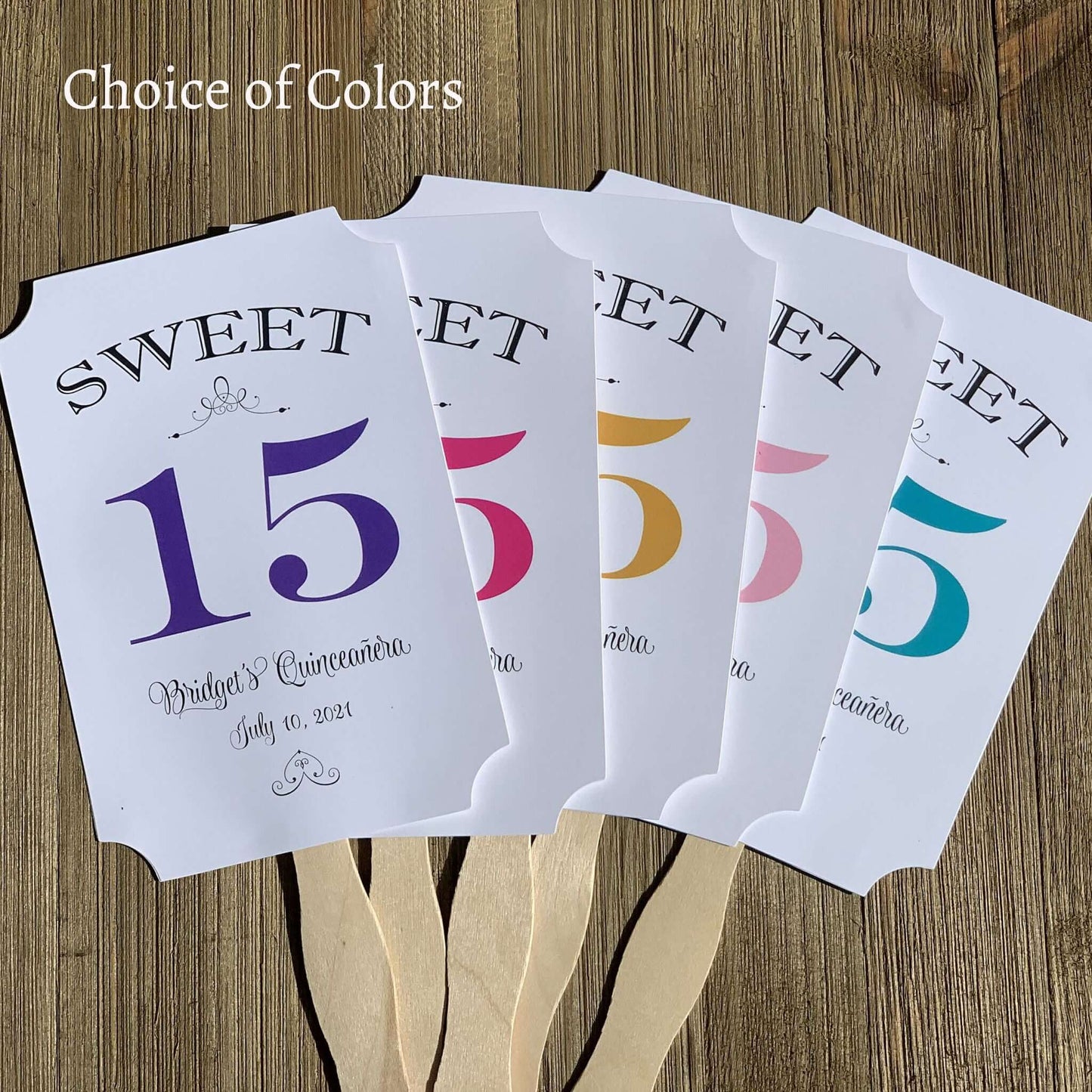 Personalized Quinceanera Party Keepsake Fans, our sweet 15 favor fans are personalized for the guest of honor.  Your choice of 15 color to match your theme, printed on white card stock, two sided with handle hidden between.