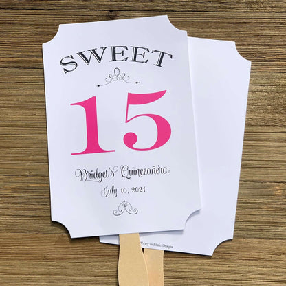 Personalized Quinceanera Party Keepsake Fans, our sweet 15 favor fans are personalized for the guest of honor.  Your choice of 15 color to match your theme, printed on white card stock, two sided with handle hidden between.