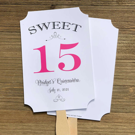 Personalized Quinceanera Party Keepsake Fans, our sweet 15 favor fans are personalized for the guest of honor.  Your choice of 15 color to match your theme, printed on white card stock, two sided with handle hidden between.