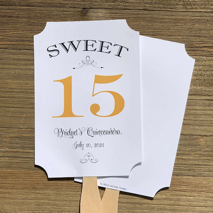 Personalized Quinceanera Party Keepsake Fans, our sweet 15 favor fans are personalized for the guest of honor.  Your choice of 15 color to match your theme, printed on white card stock, two sided with handle hidden between.