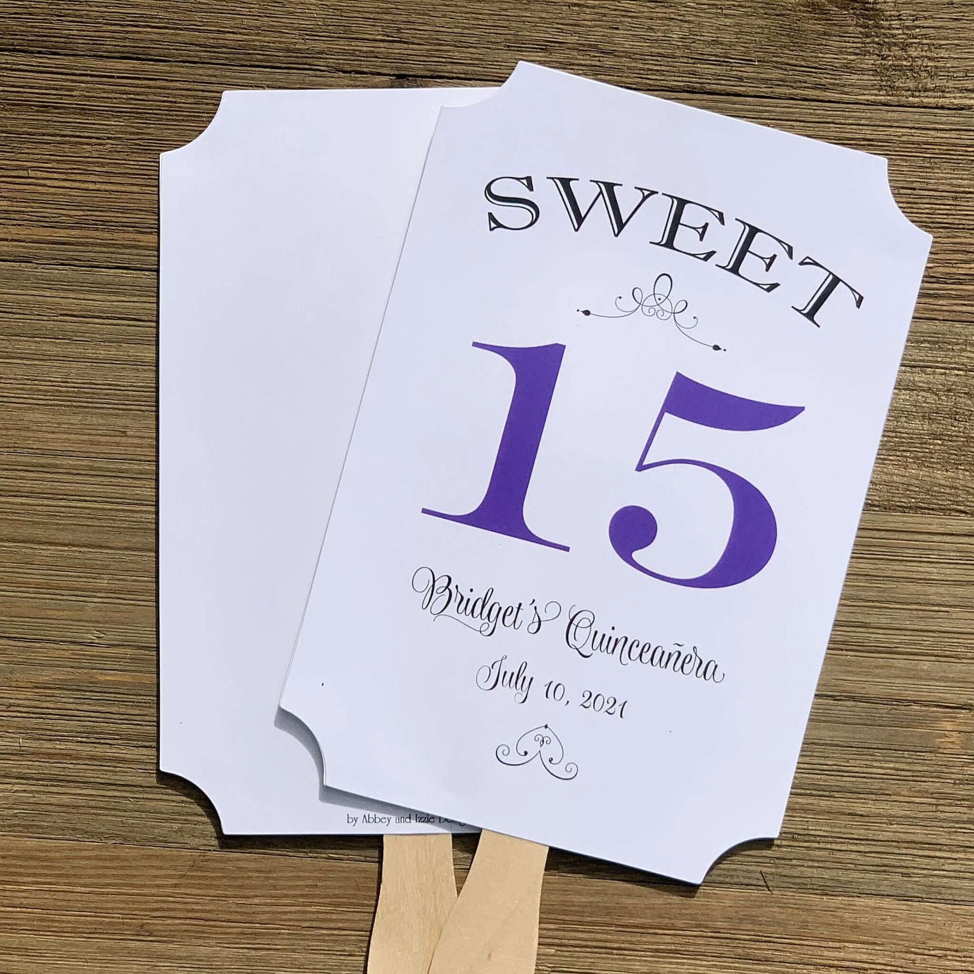 Personalized Quinceanera Party Keepsake Fans, our sweet 15 favor fans are personalized for the guest of honor.  Your choice of 15 color to match your theme, printed on white card stock, two sided with handle hidden between.
