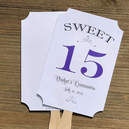 Personalized Quinceanera Party Keepsake Fans, our sweet 15 favor fans are personalized for the guest of honor.  Your choice of 15 color to match your theme, printed on white card stock, two sided with handle hidden between.