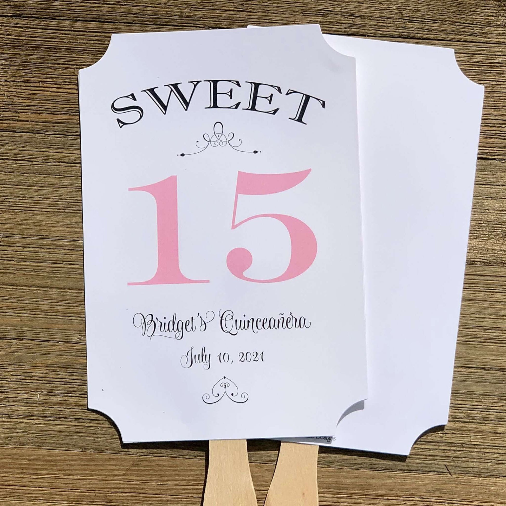 Personalized Quinceanera Party Keepsake Fans, our sweet 15 favor fans are personalized for the guest of honor.  Your choice of 15 color to match your theme, printed on white card stock, two sided with handle hidden between.