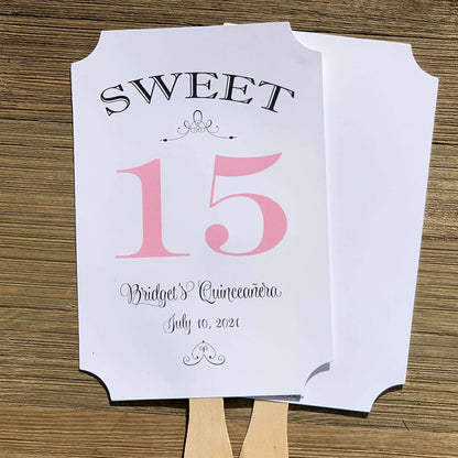 Personalized Quinceanera Party Keepsake Fans, our sweet 15 favor fans are personalized for the guest of honor.  Your choice of 15 color to match your theme, printed on white card stock, two sided with handle hidden between.