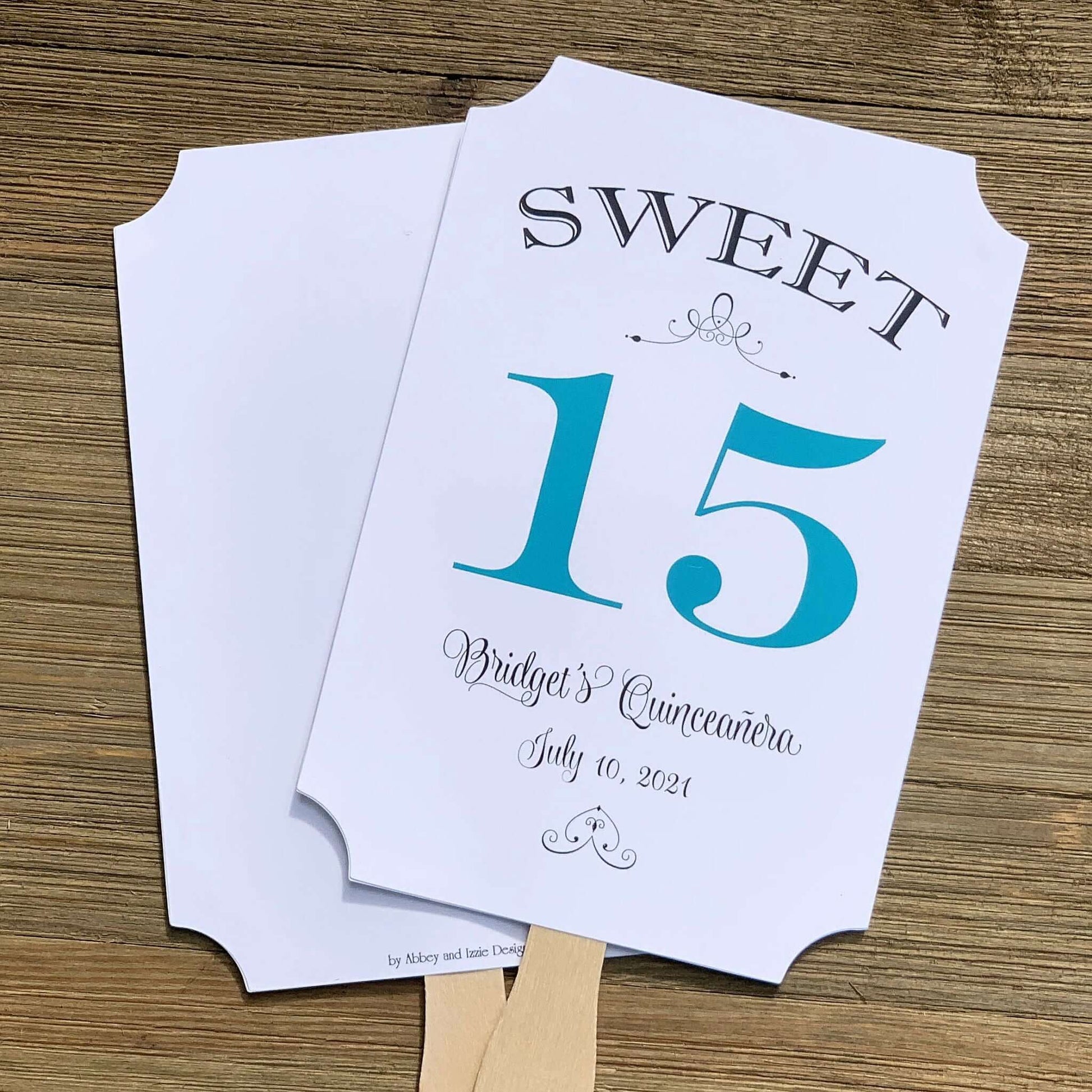 Personalized Quinceanera Party Keepsake Fans, our sweet 15 favor fans are personalized for the guest of honor.  Your choice of 15 color to match your theme, printed on white card stock, two sided with handle hidden between.