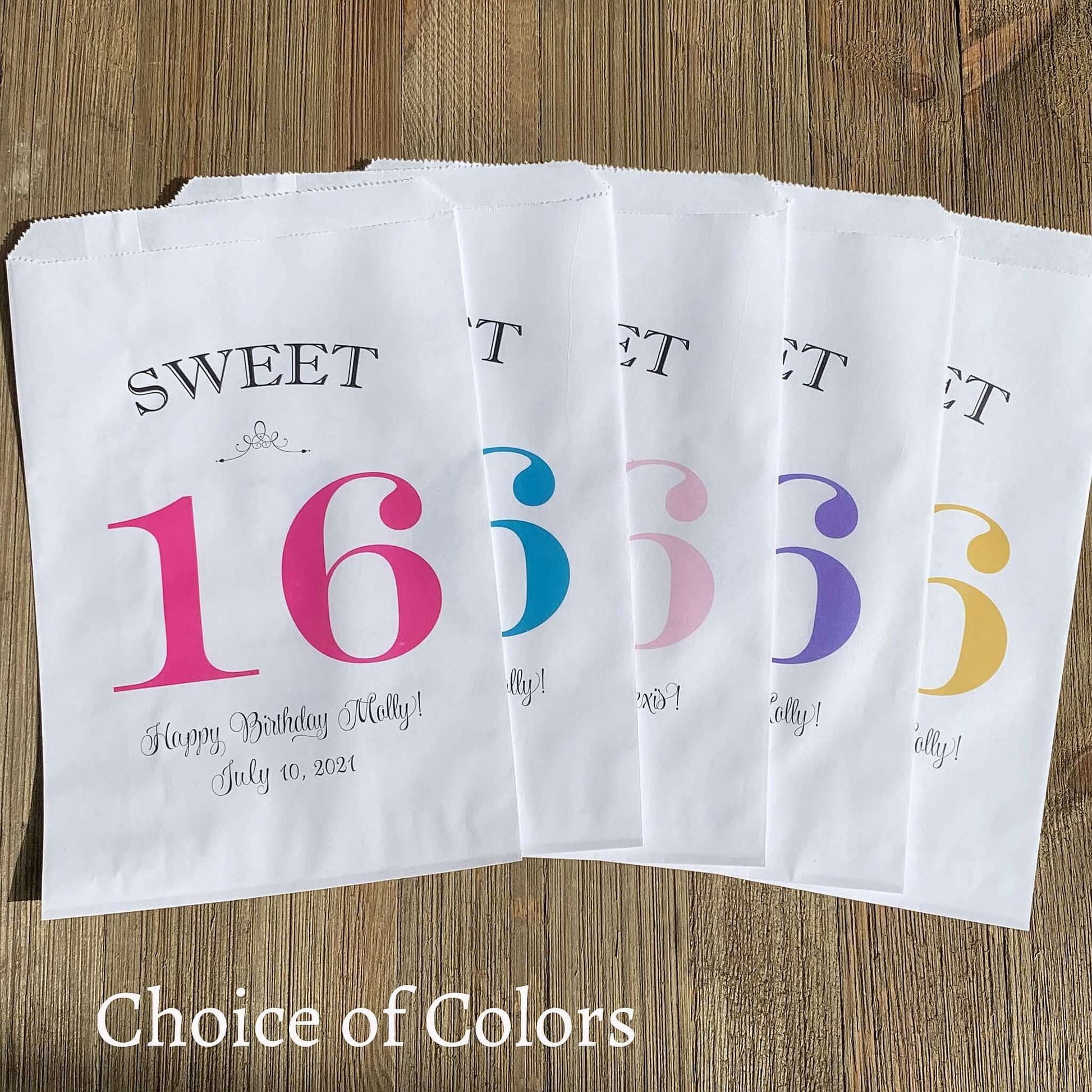 Personalized Sweet 16 Favor Bags for the guest of honor.  White bags printed with sweet 16 in large print with color options.  Can be used for candy bags, cookie bags or treat bags.  