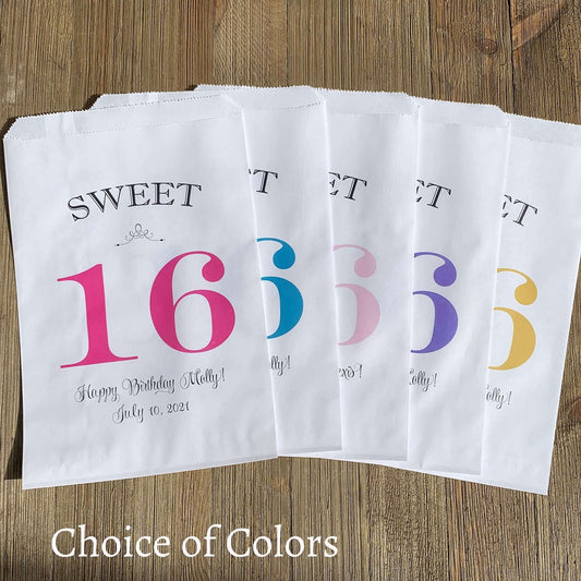 Personalized Sweet 16 Favor Bags for the guest of honor.  White bags printed with sweet 16 in large print with color options.  Can be used for candy bags, cookie bags or treat bags.  
