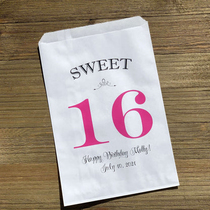 Personalized Sweet 16 Favor Bags for the guest of honor.  White bags printed with sweet 16 in large print with color options.  Can be used for candy bags, cookie bags or treat bags.  