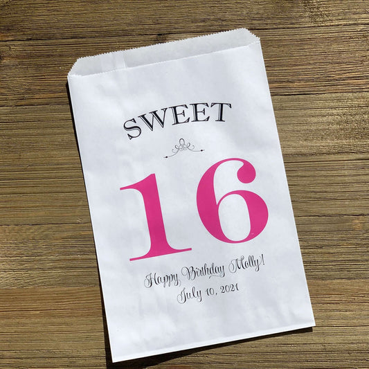 Personalized Sweet 16 Favor Bags for the guest of honor.  White bags printed with sweet 16 in large print with color options.  Can be used for candy bags, cookie bags or treat bags.  