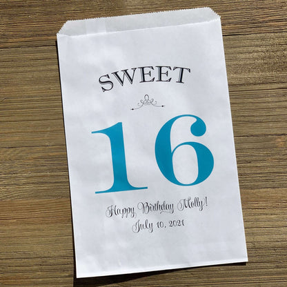 Personalized Sweet 16 Favor Bags for the guest of honor.  White bags printed with sweet 16 in large print with color options.  Can be used for candy bags, cookie bags or treat bags.  