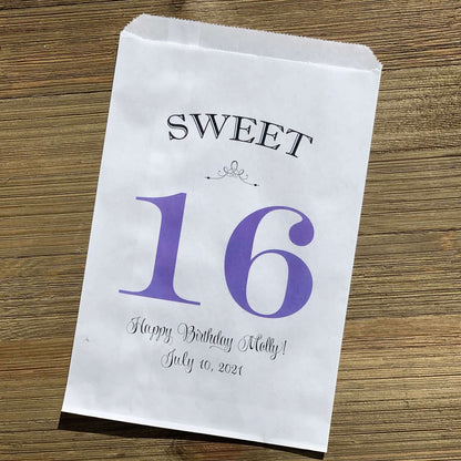 Personalized Sweet 16 Favor Bags for the guest of honor.  White bags printed with sweet 16 in large print with color options.  Can be used for candy bags, cookie bags or treat bags.  