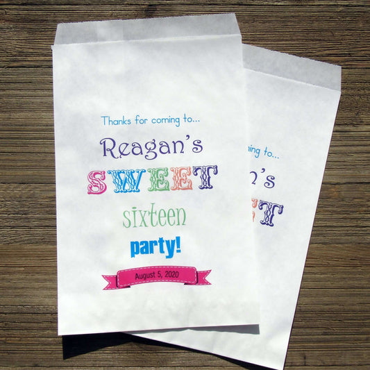 Sweet Sixteen Treat Bags Personalized, printed on white bags.  Colorful sweet sixteen printed for the guest of honor.