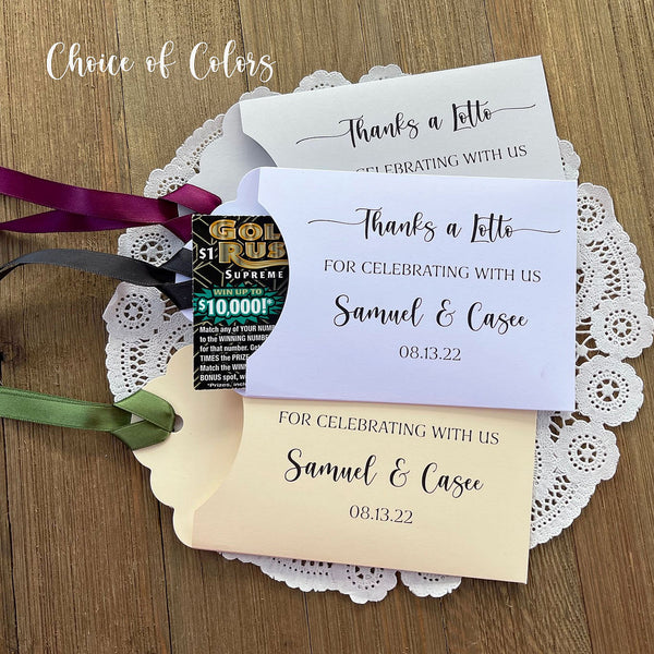 Thanks a Lotto Wedding Favors, lottery ticket envelopes for fun wedding favors.  Personalized wedding guest favors with your choice of envelope and ribbon color.
