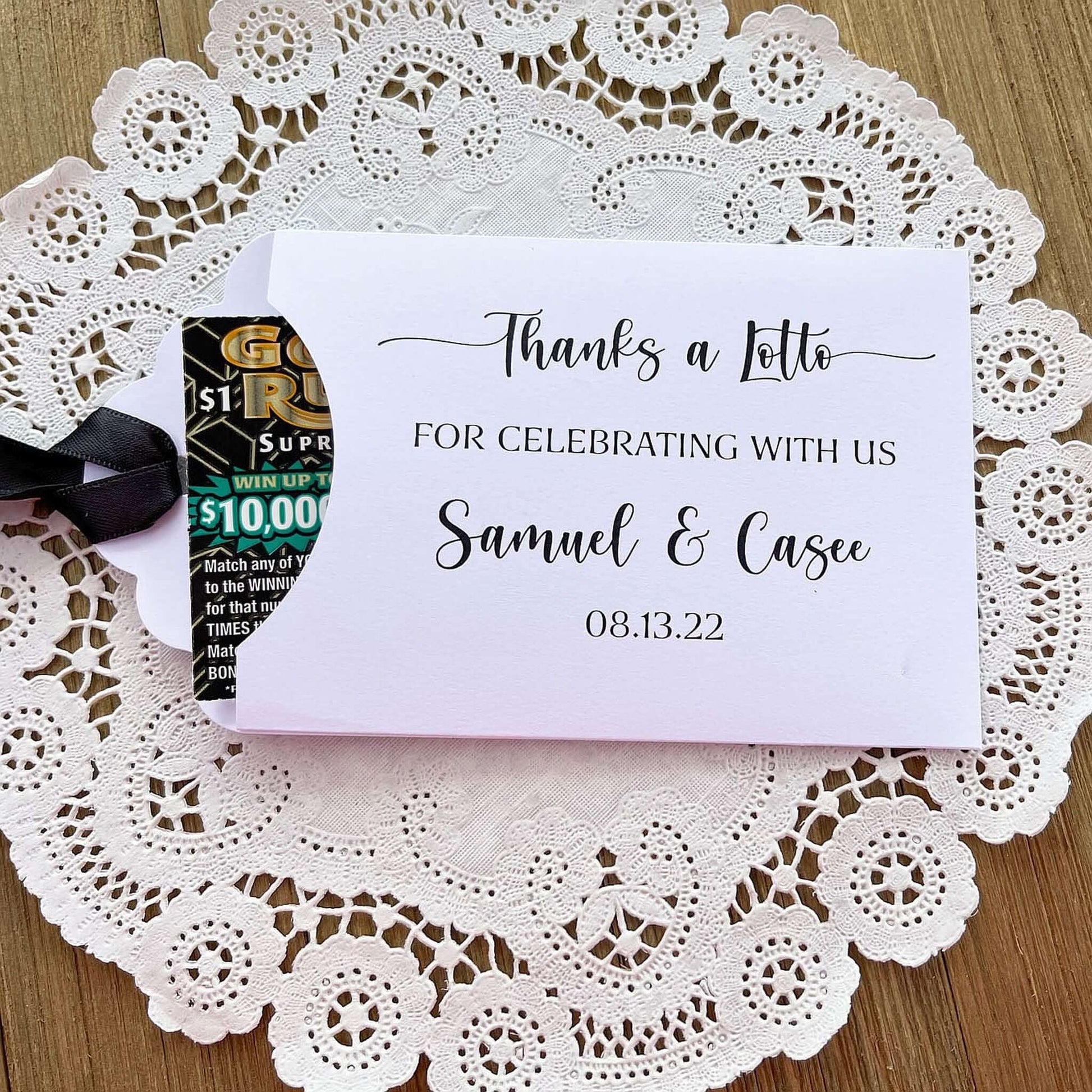 Thanks a Lotto Wedding Favors, lottery ticket envelopes for fun wedding favors.  Personalized wedding guest favors with your choice of envelope and ribbon color.