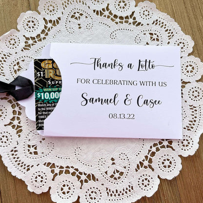 Thanks a Lotto Wedding Favors, lottery ticket envelopes for fun wedding favors.  Personalized wedding guest favors with your choice of envelope and ribbon color.