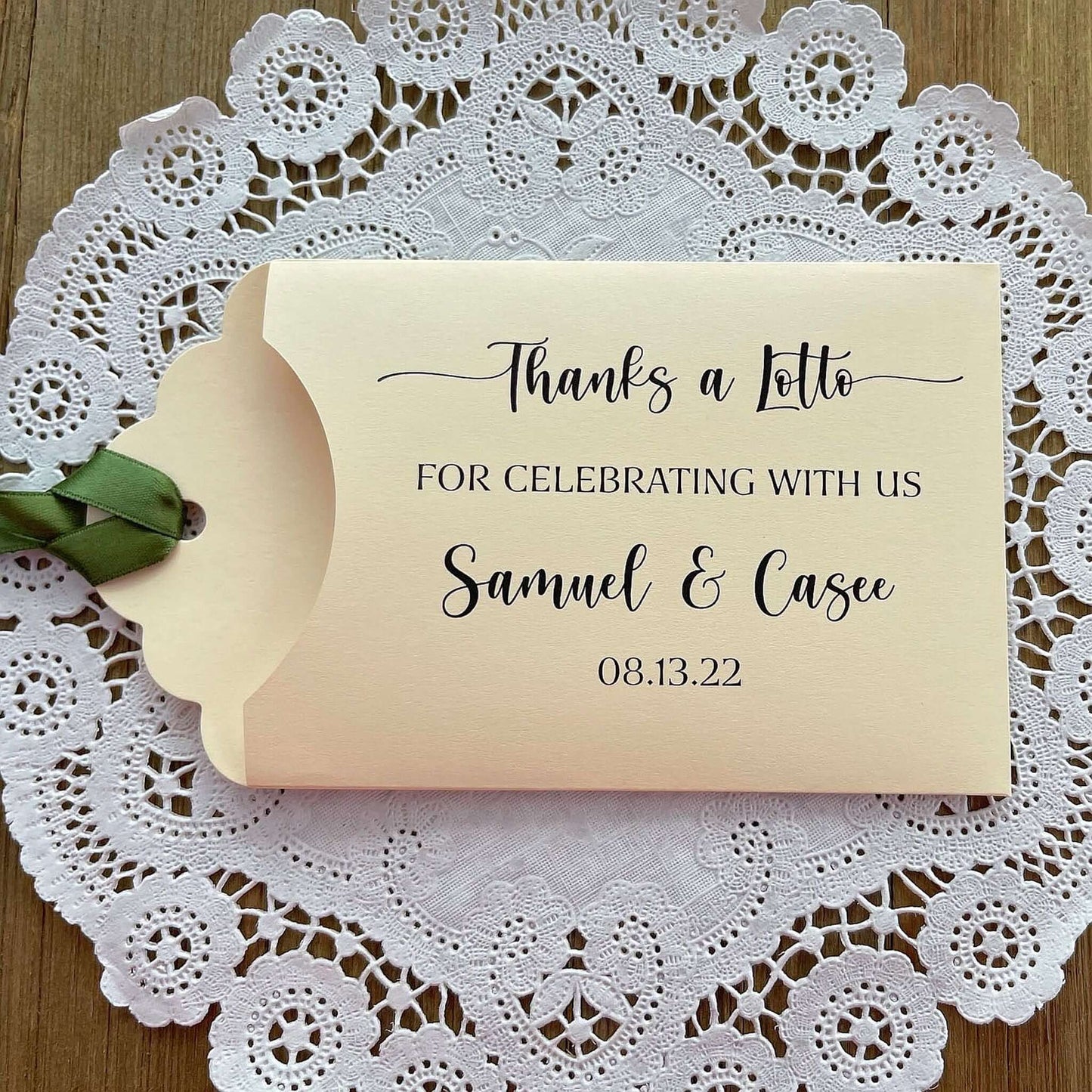 Thanks a Lotto Wedding Favors, lottery ticket envelopes for fun wedding favors.  Personalized wedding guest favors with your choice of envelope and ribbon color.