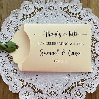 Thanks a Lotto Wedding Favors, lottery ticket envelopes for fun wedding favors.  Personalized wedding guest favors with your choice of envelope and ribbon color.