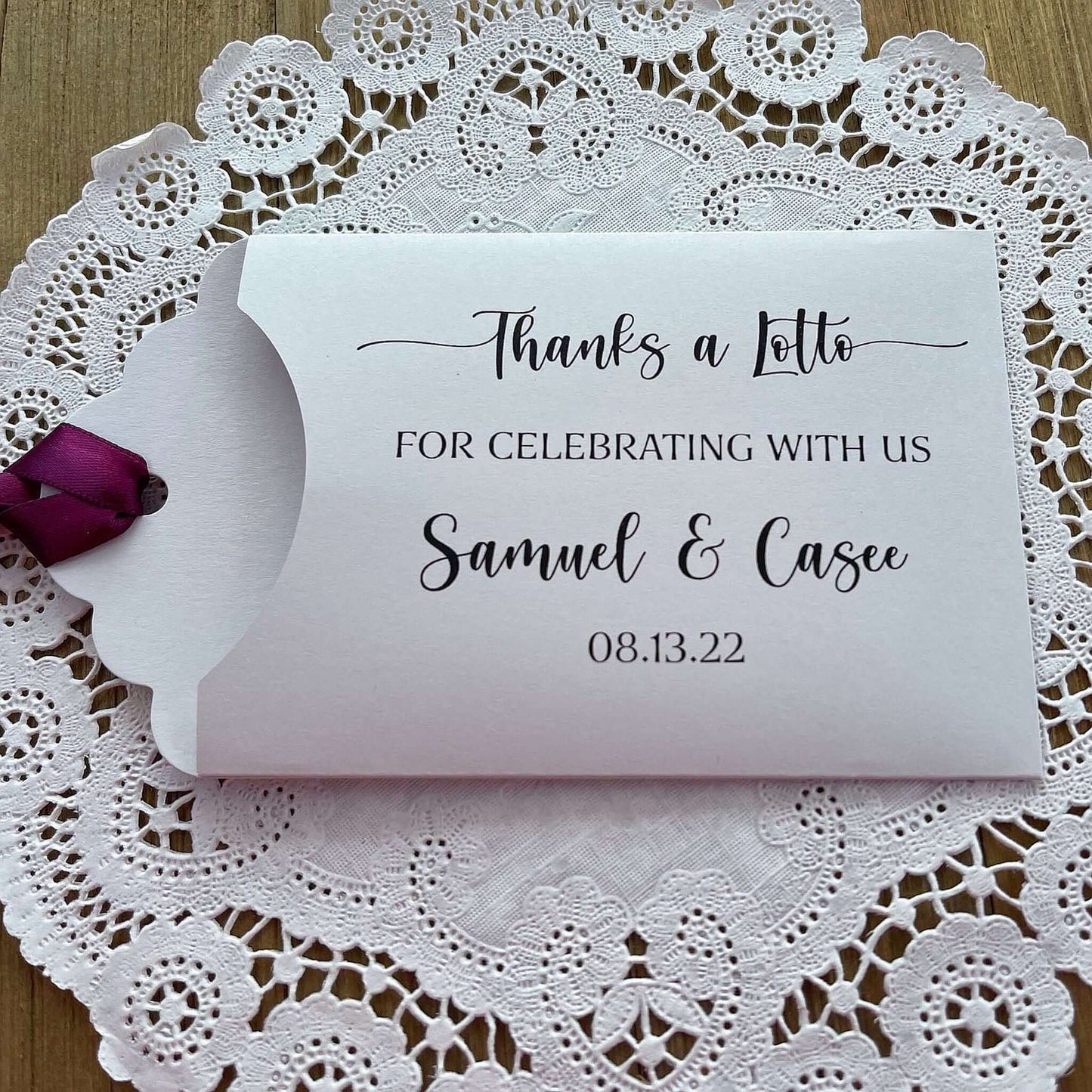Thanks a Lotto Wedding Favors, lottery ticket envelopes for fun wedding favors.  Personalized wedding guest favors with your choice of envelope and ribbon color.