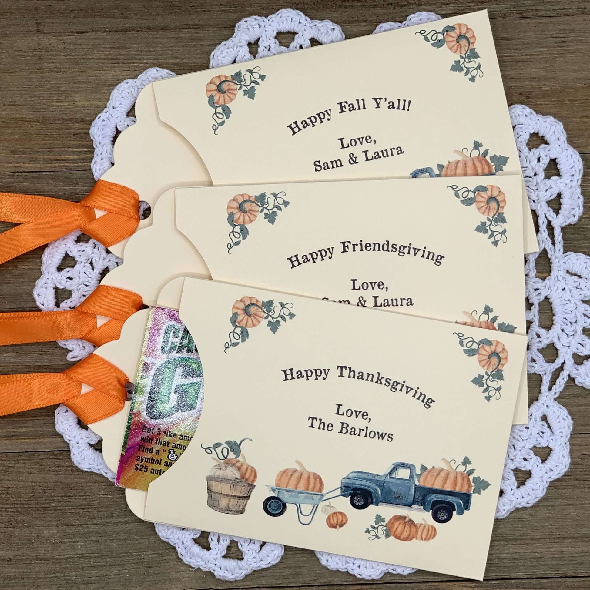 Thanksgiving Favors - Friendsgiving Favors such a nice add to your table.  Printed on ivory card stock and personalized for the host, adonred with a country truck.  Orange ribbon is included and comes attached, slide a lottery ticket in these for a fun favor.