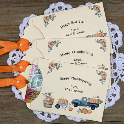 Thanksgiving Favors - Friendsgiving Favors such a nice add to your table.  Printed on ivory card stock and personalized for the host, adonred with a country truck.  Orange ribbon is included and comes attached, slide a lottery ticket in these for a fun favor.