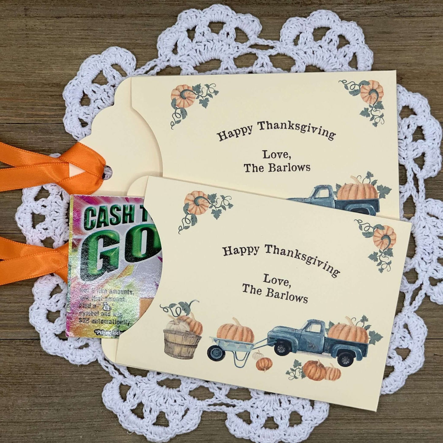 Thanksgiving Favors - Friendsgiving Favors such a nice add to your table.  Printed on ivory card stock and personalized for the host, adonred with a country truck.  Orange ribbon is included and comes attached, slide a lottery ticket in these for a fun favor.
