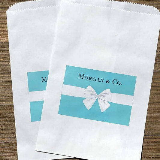Personallized Aqua Blue Favor Bags with your name & Co.  Printed with a tiffany color package with a white bow, these are perfect for a candy buffet, cookies or even popcorn bags. 