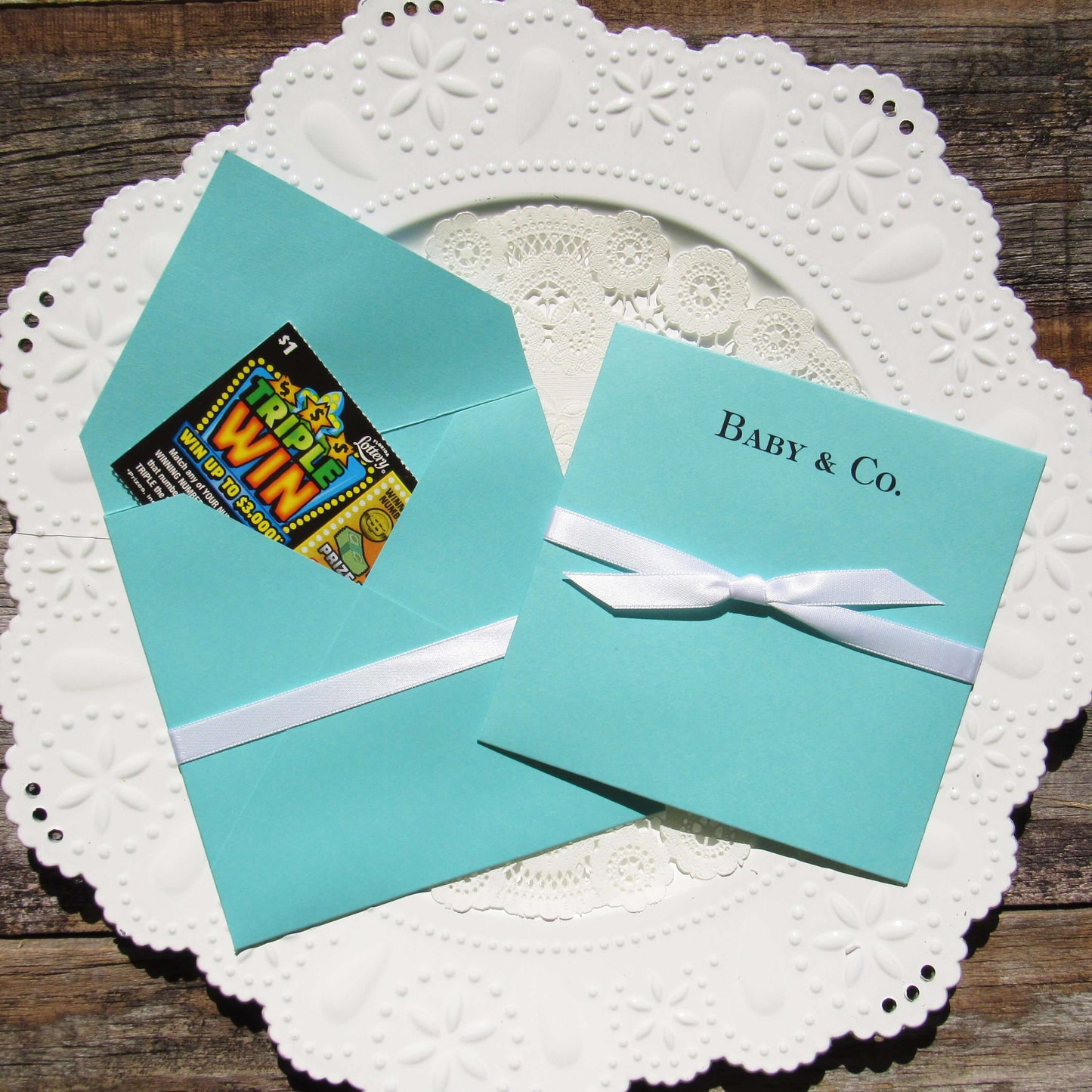 Aqua Blue Baby Shower Favors Personalized with baby name & Co.  White ribbon comes attached, slide a lotto ticket in these for a fun party favor.